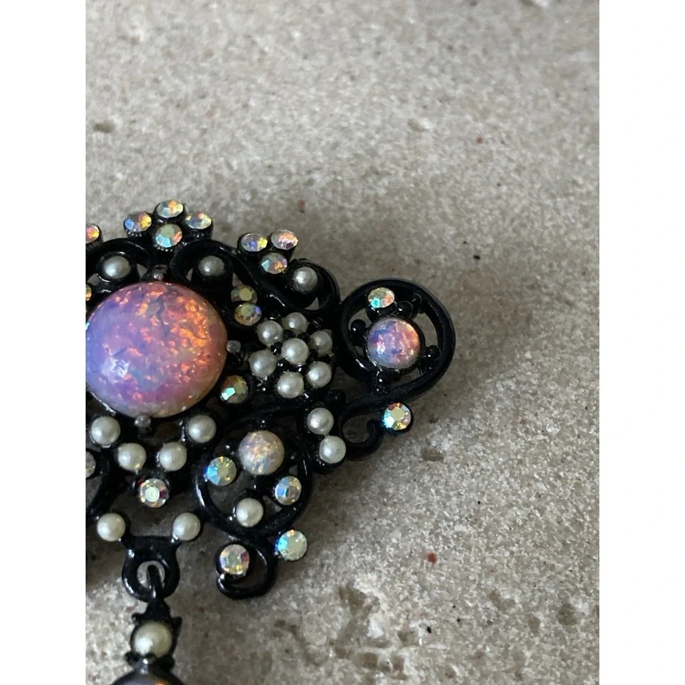 Black Filigree AB Rhinestone‎ Faux Opal Pearl Dangle Brooch Victorian Gothic Pin